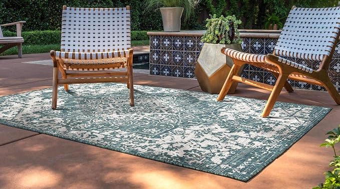 Unique Loom Outdoor Collection Area Rug - Dubai (2' x 3' 1' Rectangle, Teal/ Ivory)