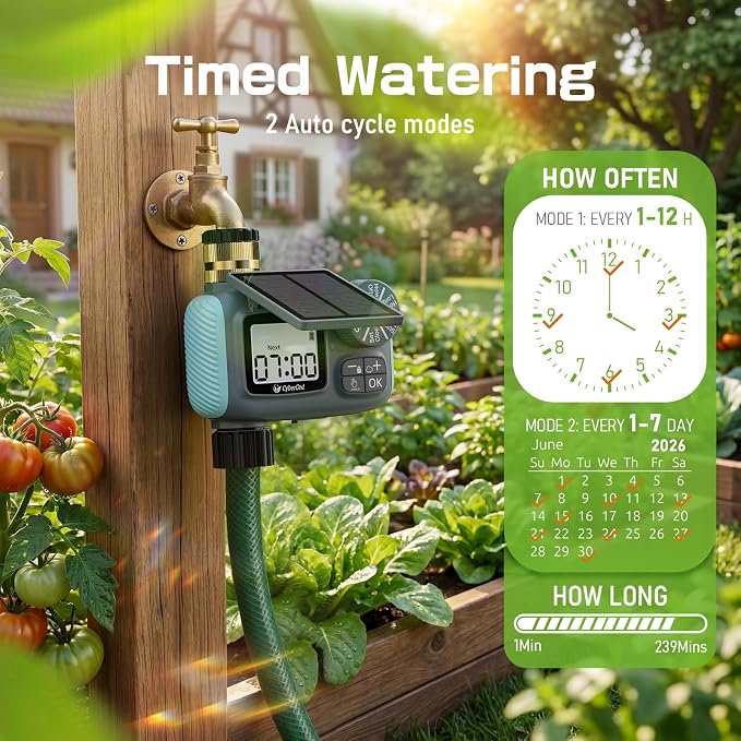 Solar Hose Timer, CyberOrd Sprinkler Timer Programmable with Brass Swivel, Programmable Faucet System for Garden Hose with Rain Delay/Manual/Automatic, Drip Irrigation System for Outdoor, Yard, Lawn