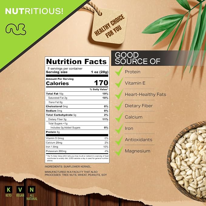 NUT CRAVINGS - Raw Sunflower Seeds Kernels to eat, Unsalted, Shelled Hulled, (8oz - 1 Pack) Packed Fresh in Resealable Bag - Kosher Healthy Snack, Food Assortments Ideal for Trail Mixed Nuts