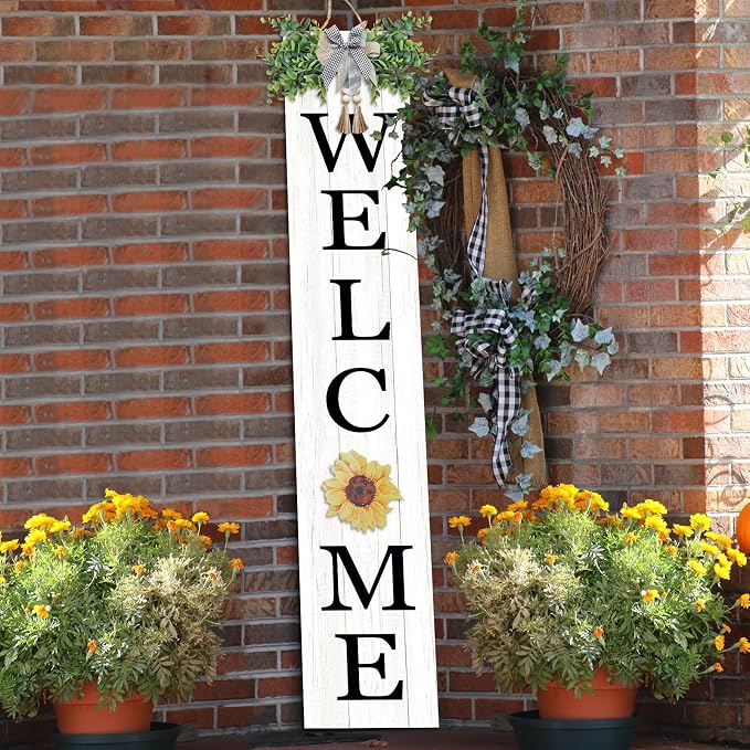 Interchangeable Outdoor Welcome Sign for Front Porch Standing 47"×8" with 12 Pcs Icons Vertical Tall Leaner Outside Welcome Sign Long Wood Frame Large Rustic Farmhouse Front Door Hanging Decor (White)
