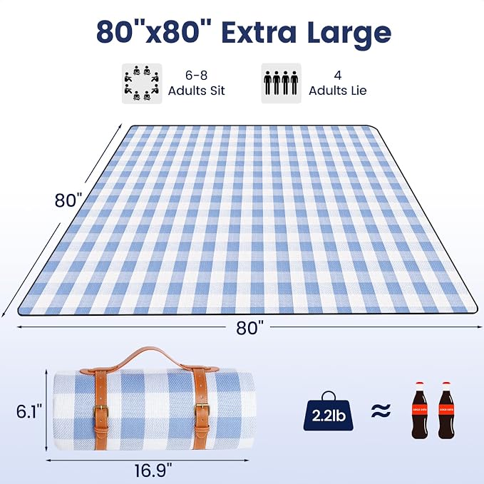 sapsisel 80”x 80” Picnic Blanket Extra Large, Waterproof and Foldable Beach Blanket, 3-Layer Outdoor Blanket for 6 to 8 Adults, for Camping, Park, Beach, Grass, Indoors…
