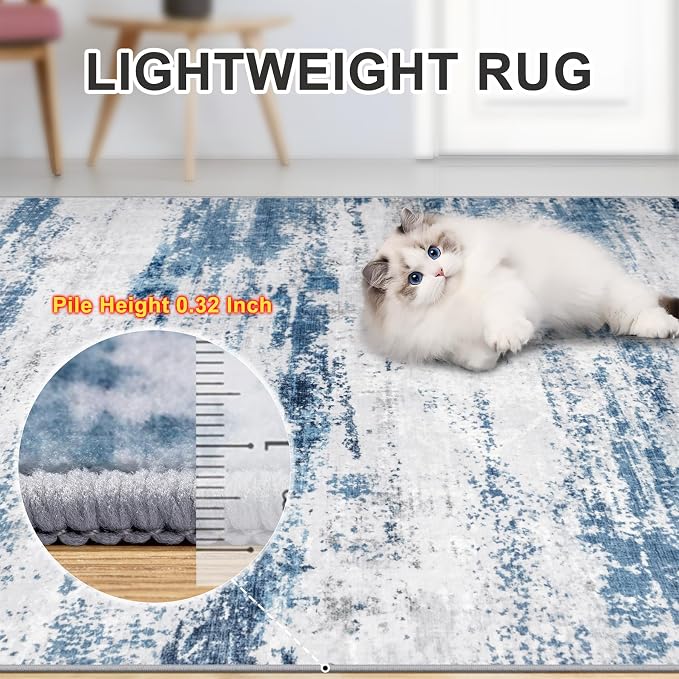 PLHXFR 10x14 Area Rug Living Room: Abstract Washable Carpet White Blue | For Bedroom Dining Room Farmhouse Nursery Home,Machine washable,Non Slip,Large Soft Neutral,Stain Resistant, Indoor Floor
