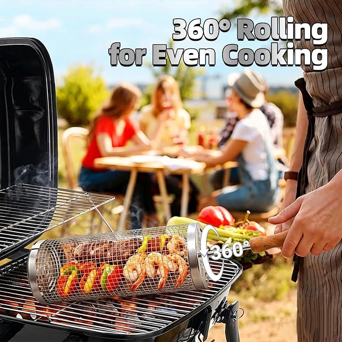 Rolling Grill Basket (2PCS), 304 Stainless Steel Grill Baskets with Removable Wooden Handles, BBQ Grilling Accessories for Vegetables, Camping, Outdoor Cooking,Ideal Gifts for Father's Day