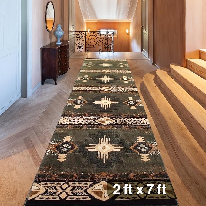 YHSF Southwest Native American Area Rug – Thick, Soft, Durable & Easy to Maintenance Tribal Design Boho Rug– Ideal for Bedroom, Living Room & Hallway - Sage Green, 2 Feet x 7 Feet