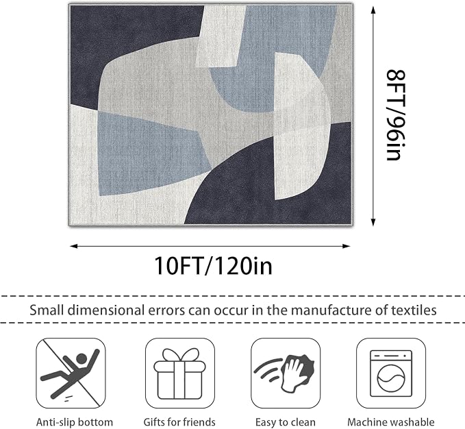 8x10 Modern Geometric Area Rug for Living Room, Washable Rug Blue Grey | 8x10 Modern Geometric Pattern Large Rug for Dining Room Bedroom, Non Slip Low Pile Soft Lightweight Rug Home Decor