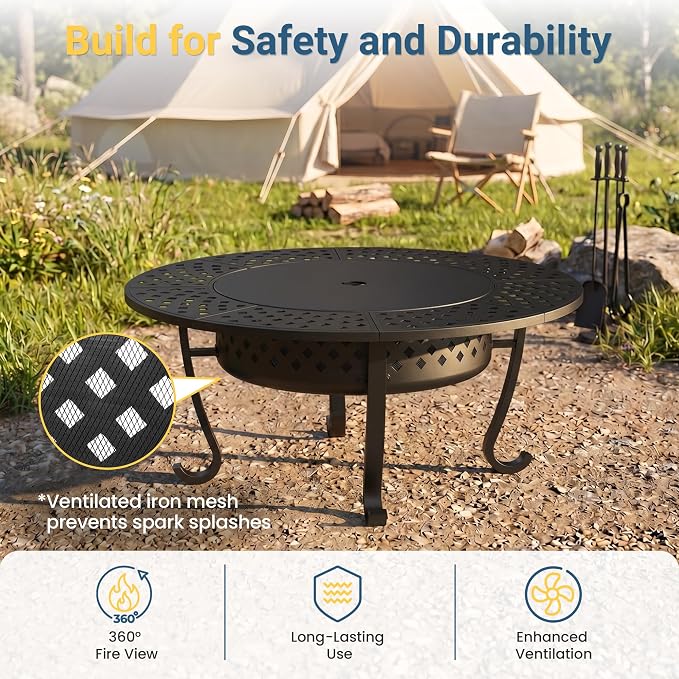 Wisteria Lane 3 in 1 43" Extra Large Fire Pit for Outside Wood Burning with 2 Adjustable Grills, Outdoor Fireplace with Lid and Fire Poker, BBQ & Bonfire & Round Metal Table for Patio, Backyard