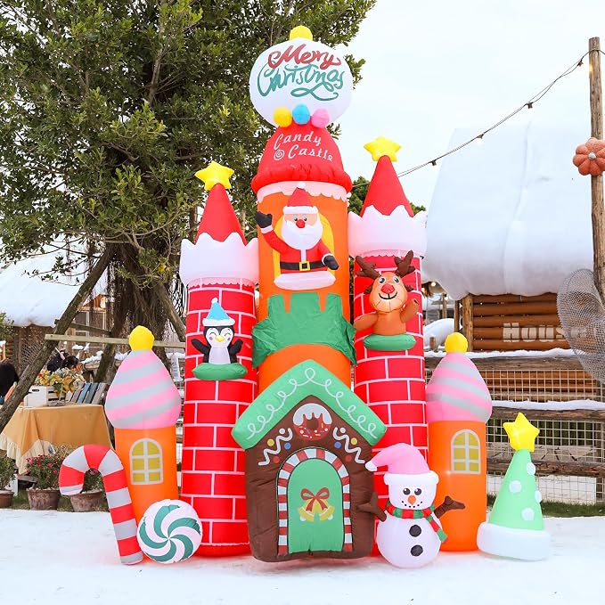 MUMTOP 10FT Christmas Inflatables Outdoor Decoration, Candy Castle Christmas Inflatable with Santa,Snowman,Elk,Penguin and Built-in Led Lights Blow Up Inflatable for Outdoor Party Garden Decoration