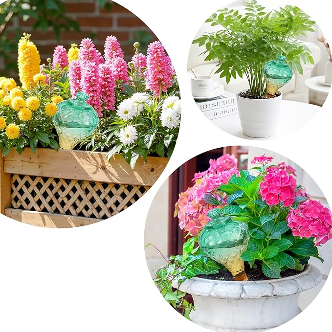 12 oz Plant Watering Globes, Green Glass Self Watering Bulbs Top Fill with Terracotta Spikes Stake, Self Watering Planter Insert Vacation Automatic Plant Waterer Device for Indoor & Outdoor 2Pack