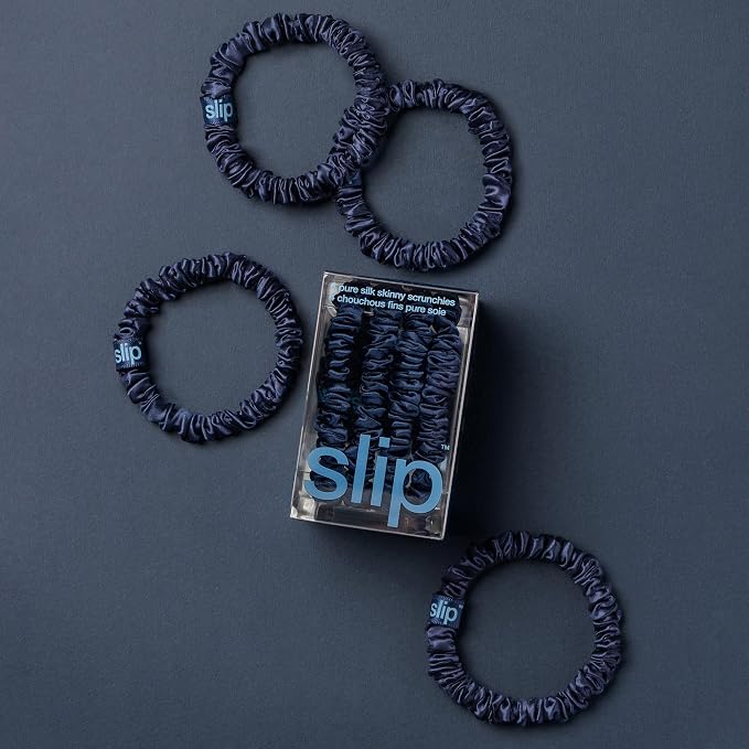 Slip Silk Hair Ties — Skinny Silk Navy Scrunchies, No Damage, No Crease, Anti-Breakage |100% Mulberry Silk | All Hair Types | Made with Proprietary Slipsilk™ | Set of 4