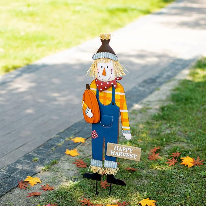 Glitzhome 36"H Fall Decorative Yard Signs with Stakes, Metal Scarecrow Garden Yard Stake for Home Lawn Yard Pathway Front Door Fall Harvest Thanksgiving Standing Hanging Decor