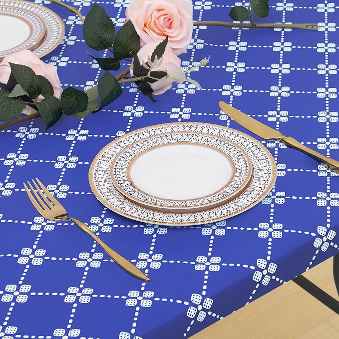 misaya 2 Pack Rectangle Vinyl Table Cloth, Elastic Fitted Tablecloth with Flannel Backing, Waterproof Plastic Table Cover Fits 8 Foot Folding Tables for Picnic, Camping and Outdoor (Blue, 30" x 96")