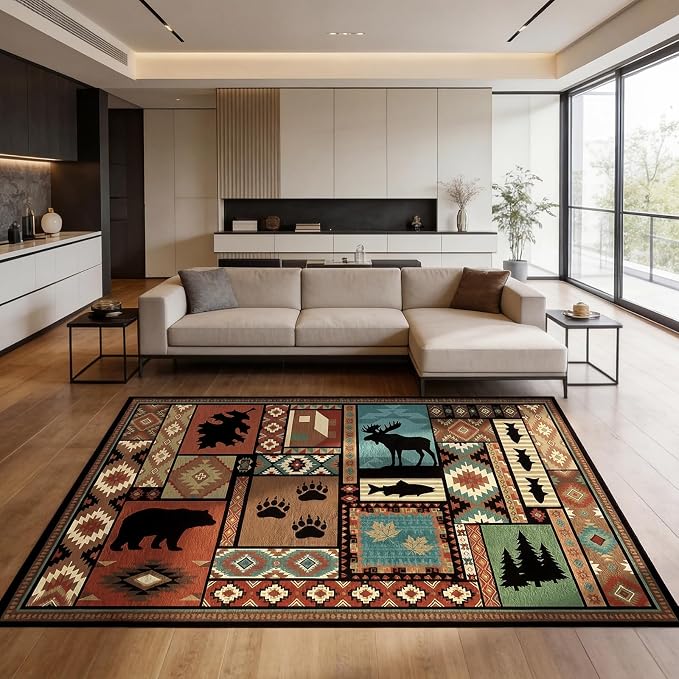 Rustic Cabin Area Rug 5x7 ft Southwestern Lodge Bear Moose Non Slip