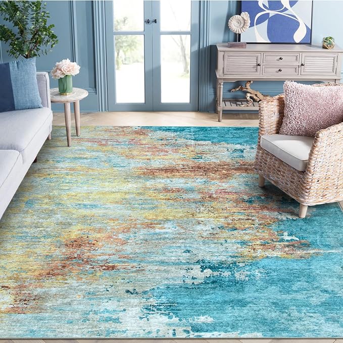 Beeiva Abstract Washable Rugs 8x10, Large Non Slip Area Rug for Living Room, Ultra Thin Foldable Low Pile Carpet for Bedroom Dining Room Playroom - Yellow/Blue