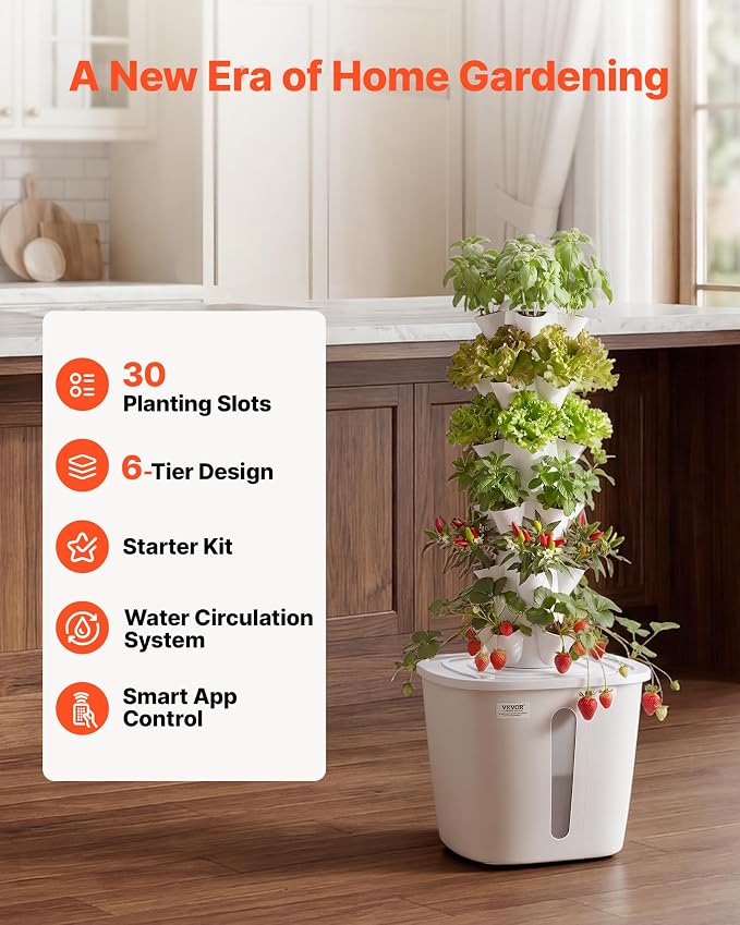 VEVOR Hydroponic Tower, 30 Pods 6 Tiers Hydroponics Growing System Kit with App Control, Vertical Home Garden with 20L Water Tank & Pump, Planter Germination Kit for Indoor Herbs, Fruits, Vegetables