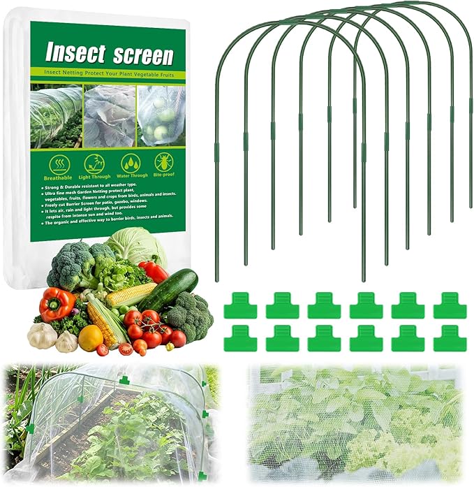 10 X 33 FT Garden Mesh Netting Kit Pest Barrier for Raised Beds, Fruit Tree Netting with 6 Sets Garden Hoops & 12 Clips for Cicadas Bird Insect, Blueberry Bush Netting Cover for Garden Protection