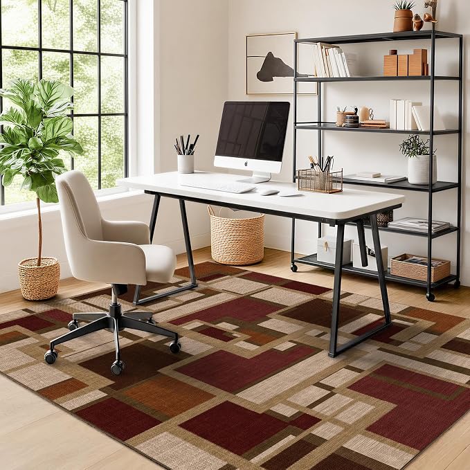 Pionblank Modern Geometric Area Rugs for Bedroom, Red Brown 4x6 Rug | Contemporary Patchwork Blocks Indoor Carpet for Living Room Dining Room Office| Soft Low-Pile Floor Rug| Abstract| Non-Slip