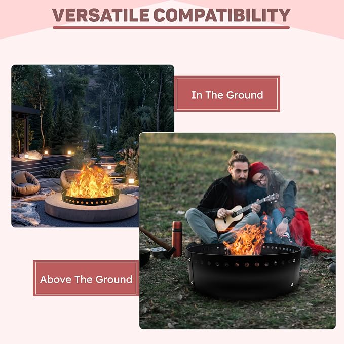 FEBTECH - 36" D Outdoor Fire Ring Liner - Steel Smokeless Firepit Insert | Heat Resistant Fire Ring for DIY In-Ground or Above-Ground Setups, Backyard Gatherings, Camping & Bonfire Nights