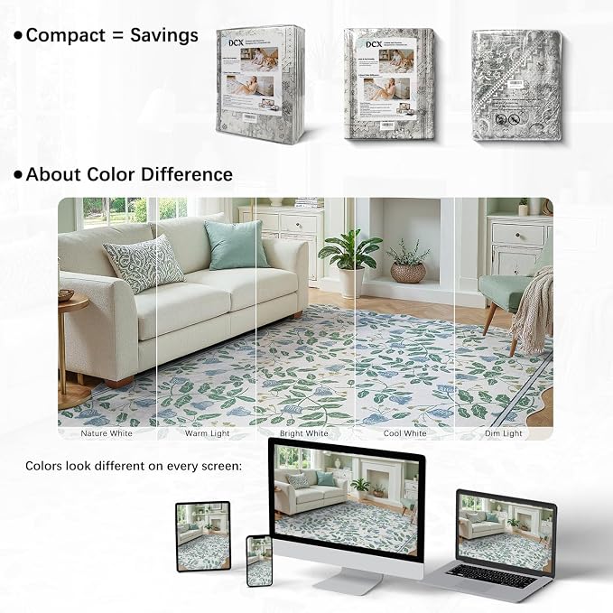 DCX Washable Botanical Floral 5x5 Roung Rug, Blue and Green Scalloped Rug, Non Slip Low Pile Carpet for Bedroom, Living Room, Kid & Pet Friendly