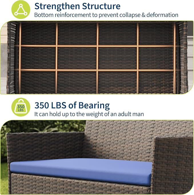4-Piece Outdoor Furniture Set, PE Rattan Wicker Chairs with Soft Cushions & Tempered Glass Coffee Table - All-Weather Patio Set for Garden, Backyard, Porch, Poolside (Brown/Dark Blue)