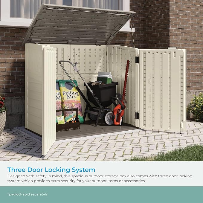 Suncast 3 Pack 34 Cu Ft Capacity Horizontal Outdoor Storage Shed for Garbage Cans, Garden Accessories, Backyard, and Patio Use, Vanilla