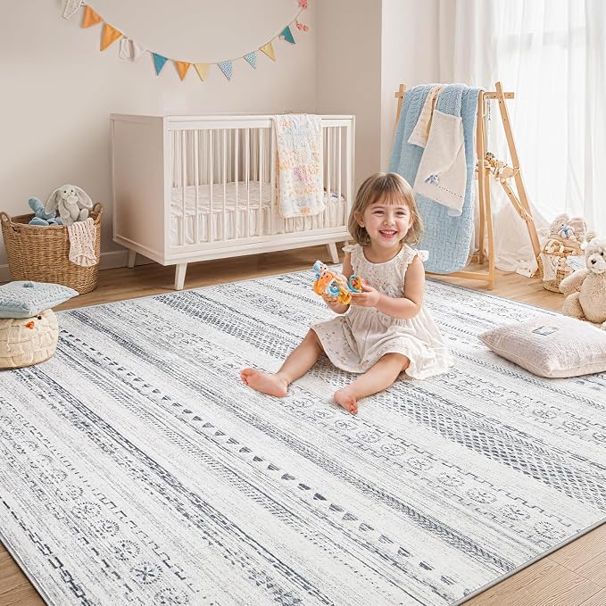 kakania Washable 5x7 Area Rug for Living Room: Boho Geometry Home Decor | Soft Stain Resistant, Low-Pile, Non-Slip, Pet & Kid Friendly, Thin Rug for Bedroom/Dining Room/Kids Dorm - Grey