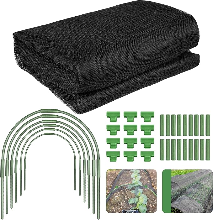 U0U Garden Mesh Netting Kit,7.8 x 24 Ft Plant Netting with Hoops,Bird Net for Garden with 6 Sets Garden Hoops & 18 Clips,Garden Net Bed Cover for Plants Birds Animals Protection (Black)
