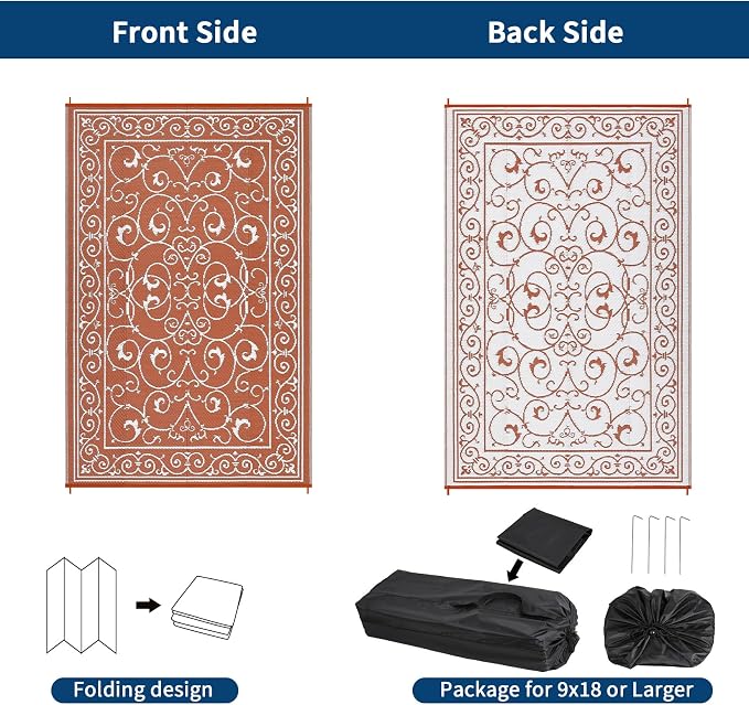 Garvee Outdoor Rug 9x18 Outdoor Patio Rug Reversible Plastic Straw Rugs Waterproof Foldable Mat Easy Clean Lightweight Carpet for Backyard Camping Porch RV Beach Balcony Deck Picnic Vintage Orange