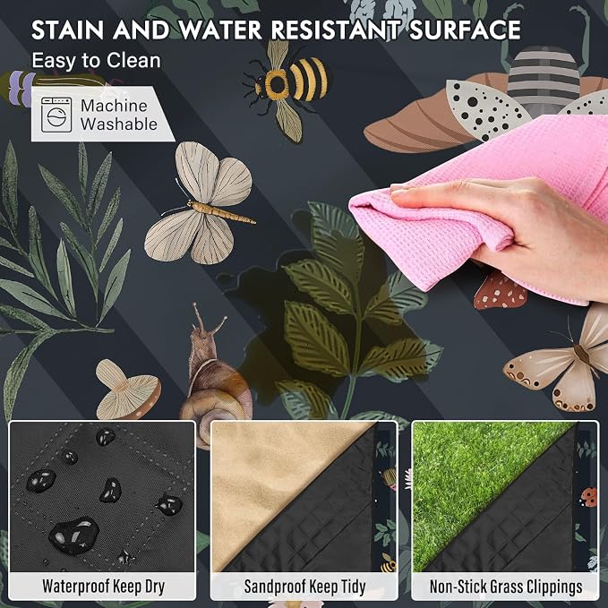 Mushroom Picnic Blankets Waterproof Foldable, 60″X80″ Packable Picnic Mat Insect Outdoor Blanket for Grass, Boho Large Beach Blanket Sandproof Picnic Accessories for Camping Music Festival Park Lawn