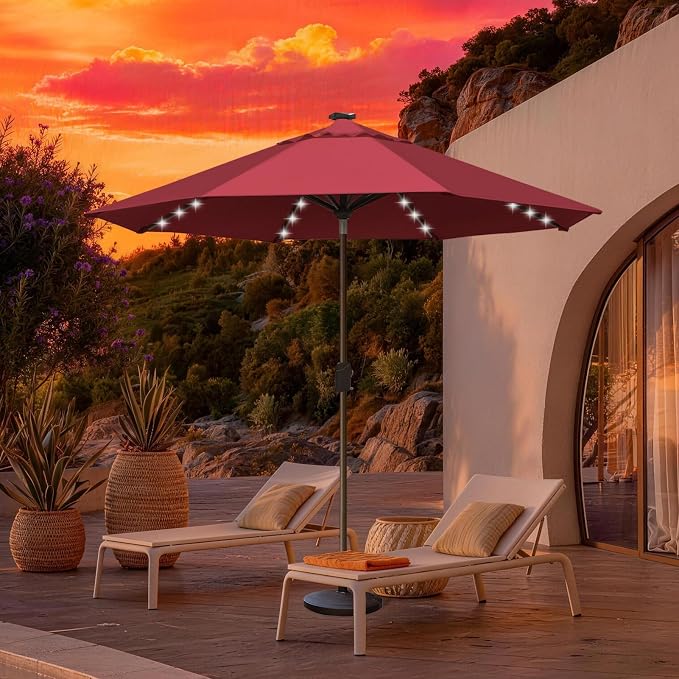 EliteShade USA 10-Year-Non-Fading 10ft Market Patio Umbrella, Commercial Grade Table Sun Umbrella with 80 Solar LED Lights, Crank Open, Windproof & UPF 50+ UV Protection for Garden, Deck, Pool, Backyard, Burgundy