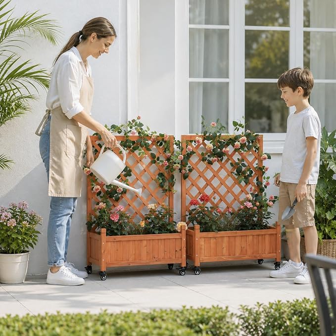 2 Pack Trellis Raised Garden Bed with Wheels, 38" Tall Wooden Planter Box with Trellis, Lattice Privacy Screen with Drainage Holes for Patio Balcony Garden