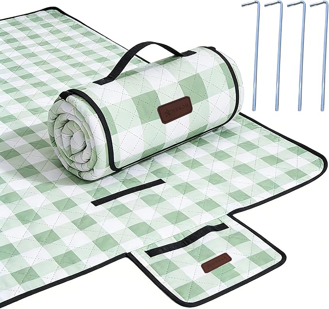 HX&OD Outdoor Picnic Blanket, Extra Large, 80''x60'' Waterproof Foldable Blankets Gingham Picnic Mat for Beach, Camping Grass Lawn Park Accessories Cute Couple Ideas Wedding (Green, 80”x60”)