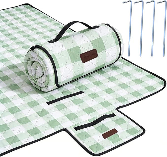 HX&OD Outdoor Picnic Blanket, Extra Large, 80''x60'' Waterproof Foldable Blankets Gingham Picnic Mat for Beach, Camping Grass Lawn Park Accessories Cute Couple Ideas Wedding (Green, 80”x60”)