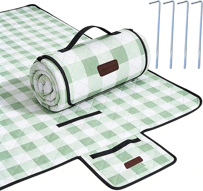 HX&OD Outdoor Picnic Blanket, Extra Large, 80''x80'' Waterproof Foldable Blankets Gingham Picnic Mat for Beach, Camping Grass Lawn Park Accessories Cute Couple Ideas Wedding (Green, 80”x80”)