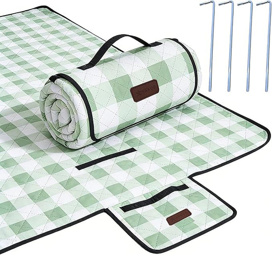 HX&OD Outdoor Picnic Blanket, Extra Large, 80''x80'' Waterproof Foldable Blankets Gingham Picnic Mat for Beach, Camping Grass Lawn Park Accessories Cute Couple Ideas Wedding (Green, 80”x80”)