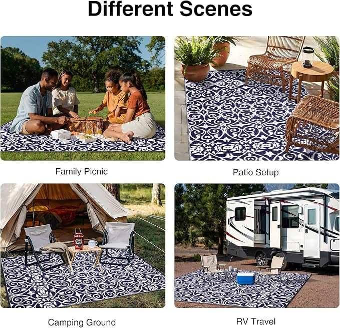 OLANLY Outdoor Rug Waterproof 6x9 ft Clearance, Reversible Outdoor Plastic Straw Rug with Floral Pattern, RV Mat for Patio, Camping, Balcony, Deck, Backyard, Navy & White