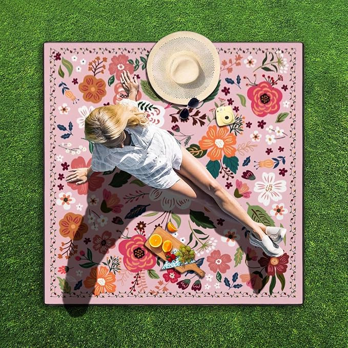 Picnic Blankets Waterproof Foldable Extra Large,80"x 80" Outdoor Beach Blanket Sandproof,3-Layer Lightweight Handy Mat Tote Picnic Camping Rugs for Outside Your Rv (Boho Vintage Floral Pink)