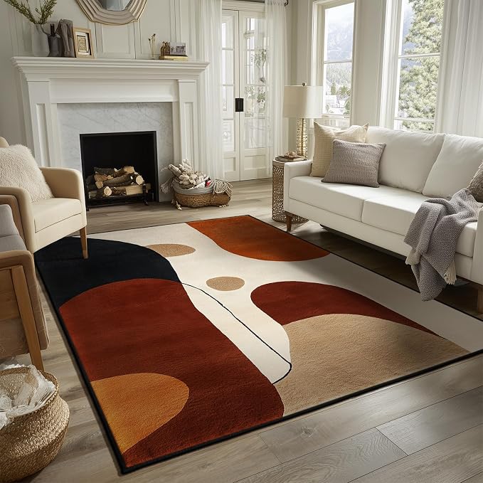 Terracotta Mid Century Modern Geometric Area Rug 5x7 Brown Abstract Rugs