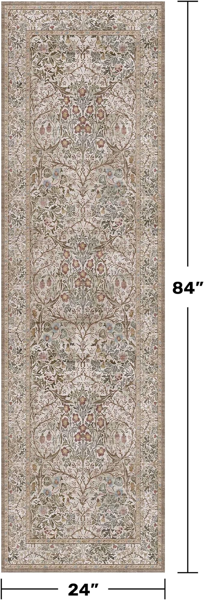 Non Slip 2x7 Moss Green Hallway Runner - Long Runner Rugs for Bathroom, Washable Kitchen Floor Mat, Bedroom Bedside - Brown Earthy Vintage Floral Décor