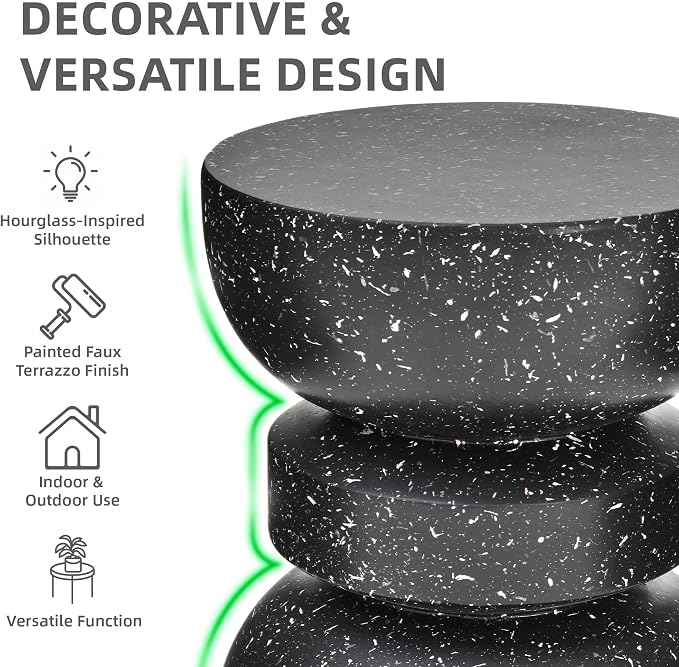 18" H Modern Black Side Table for Living Room, Decorative Terrazzo Finish MGO Outdoor End Table, Versatile as Coffee Table, Stool, Plant Stand, Weather-Resistant for Garden Patio Deck Use