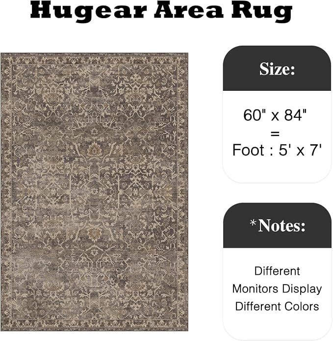 5x7 Brown Vintage Floral Washable Area Rug for Living Room | Low Pile, Non Slip, Retro Style, Soft Distressed Indoor Rug for Bedroom, Dining Room, Kitchen, Entrance, Home Decor