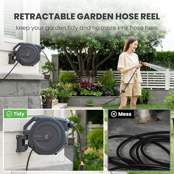 Giraffe Tools Retractable Garden Hose Reel 1/2 Inch x 130 ft, Super Heavy Duty, Any Length Lock, Slow Return System, Wall Mounted and 180 Deg Swivel Bracket