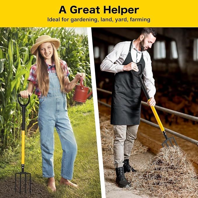 Pitch Fork, 4 Tine Heavy Duty Garden Fork with Ergonomic No-Slip D-Grip Handles, 45 Inches Long Handle Spading Fork, Perfect for Gardening Digging, Land Management, Yard work, Farming (Yellow)
