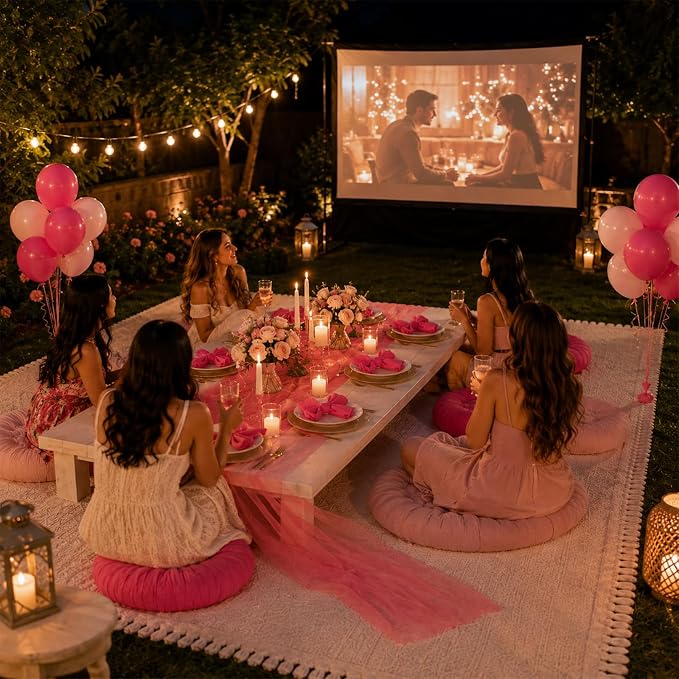 Cinrobiye Boho Picnic Party Set for Outdoor, Aesthetic Picnic Setup with Large Picnic Blanket, Floor Cushions, Table Runner, Napkins, Balloons for Wedding, Bridal Shower, Birthday (Pink)