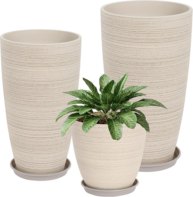 Neoaider Set of 3 Tall Planter, 24/21/12in Large Plastic Planter, OatColor | Ceramic-Look, Lightweight, Built-in Drain Hole, Saucers, Tall Outdoor Planter for Porch, Garden, Patio, Balcony