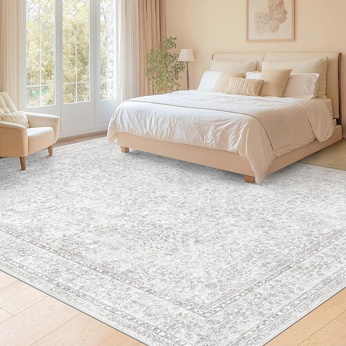 8x10 Area Rugs for Living Room: Washable Large Vintage Floral Rug Low Pile Non-Slip Boho Carpet for Bedroom Home Office Dining Room (Floral Grey, 8'x10')