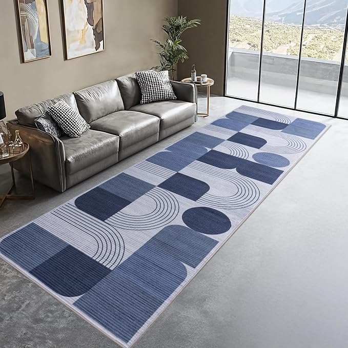 Soft Modern Geometric Abstract Machine Washable 2x6 Runner Rug | Blue Rugs for Bedroom Living Room, Non-Shedding Faux Wool Indoor Throw Floor Carpet for Office Entryway Dining Room Decor