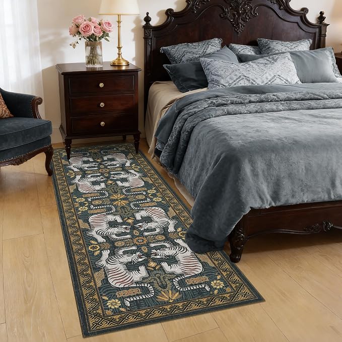 GarveeHome Tiger Print 2.5'x8' Washable Non Slip Runner Boho Hallways Rugs | Blue Kitchen Runner Ultra Thin Soft Vintage Tribal Indoor Throw Floor Carpet for Laundry Entryway Bedroom Bathroom