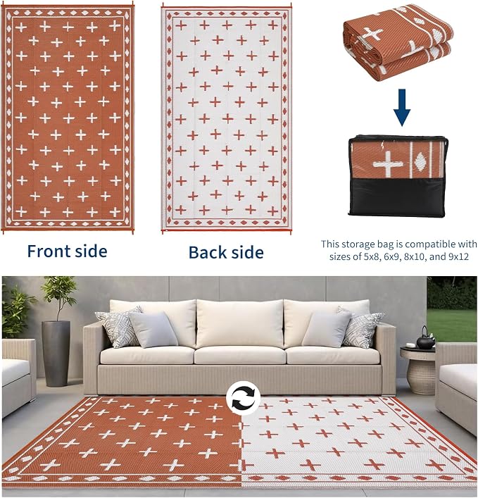 Outdoor Rug 9x12 Modern Area Rugs for Indoor and Outdoor Patios and Porches - Waterproof, Washable, Non-Shedding, Easy-to-Clean Outside Carpet，Orange/White