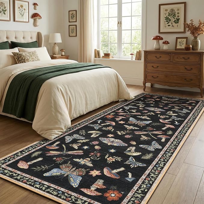 ROYHOME Mushroom Insect 2.5x8 Kitchen Runner Rug for Hallways Black | Entryway Bedroom Bathroom Washable Bug Moth Cute Funky Cottage Core Whimsical Boy Rugs Low-Pile Non-Slip TPE Backing