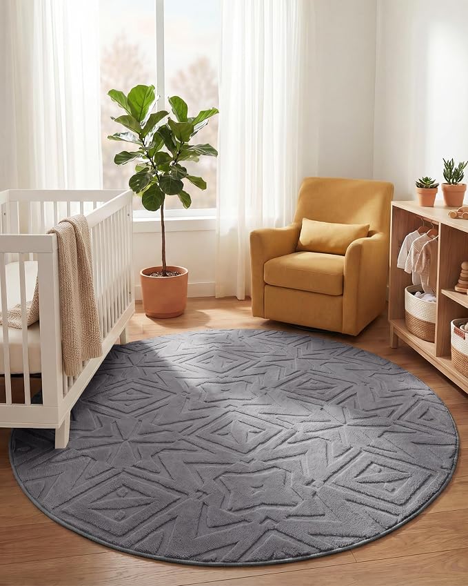 Carvapet Washable 6.5' Round Rug High Low Pile Area Carpet | Soft plush non-slip indoor floor rug, ideal for living room, bedroom, home and kids nursery decor